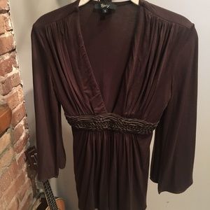 Brown V-Neck Beleted Blouse